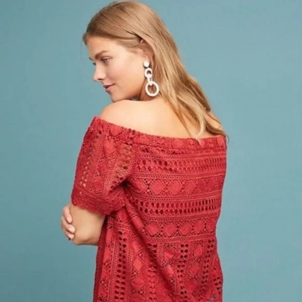 Anthropologie Sunday in Brooklyn Brick Red Lace Off-Shoulder Blouse - Picture 2 of 10